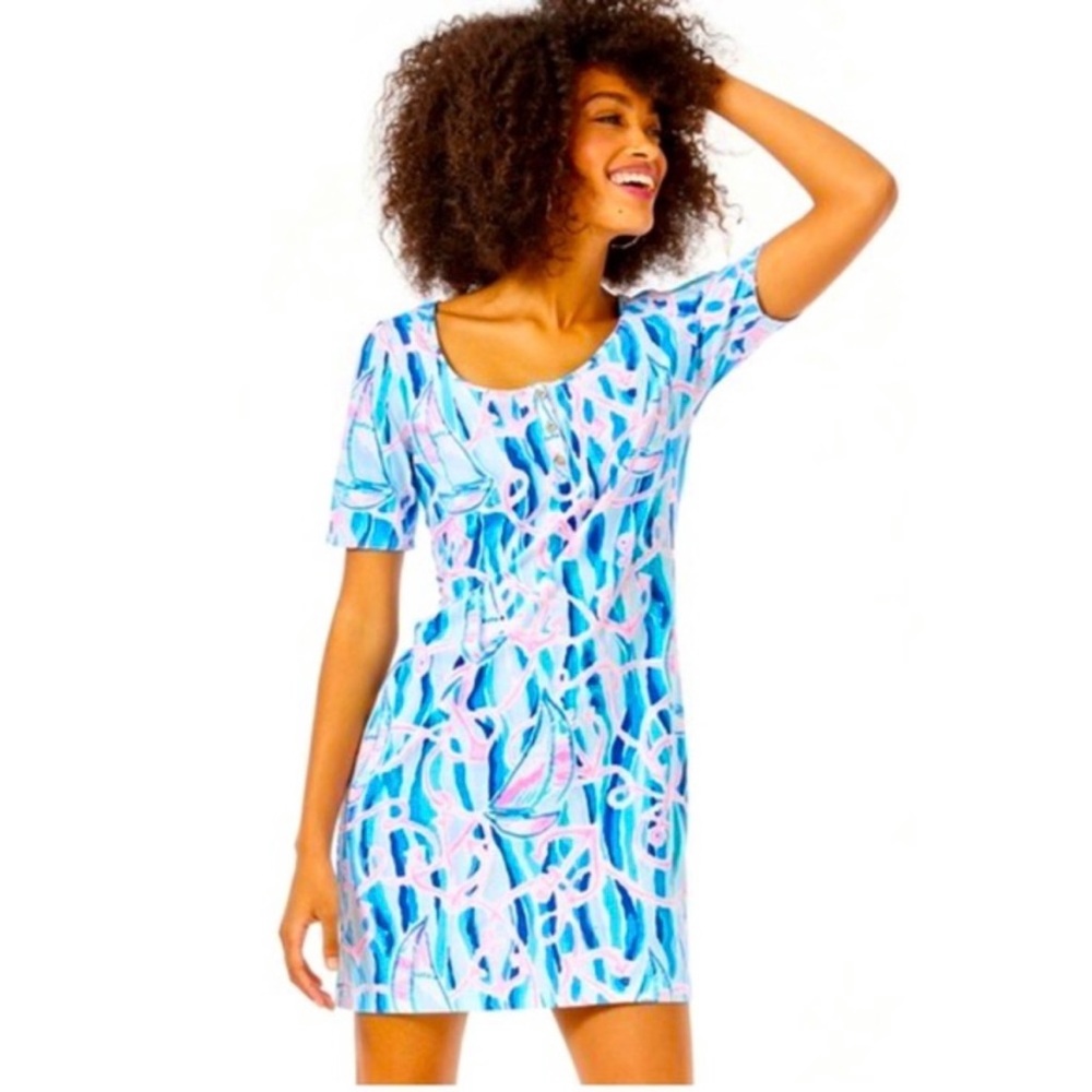 Lilly Pulitzer NWT Gavyn Dress Skim Blue Reel Nauti - Cotton Jersey Dres…